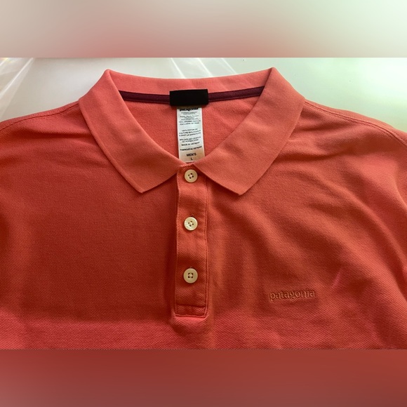 Patagonia Mens Polo Shirt Size L Organic Cotton Short Sleeve Logo Melon/ Salmon - Picture 5 of 8